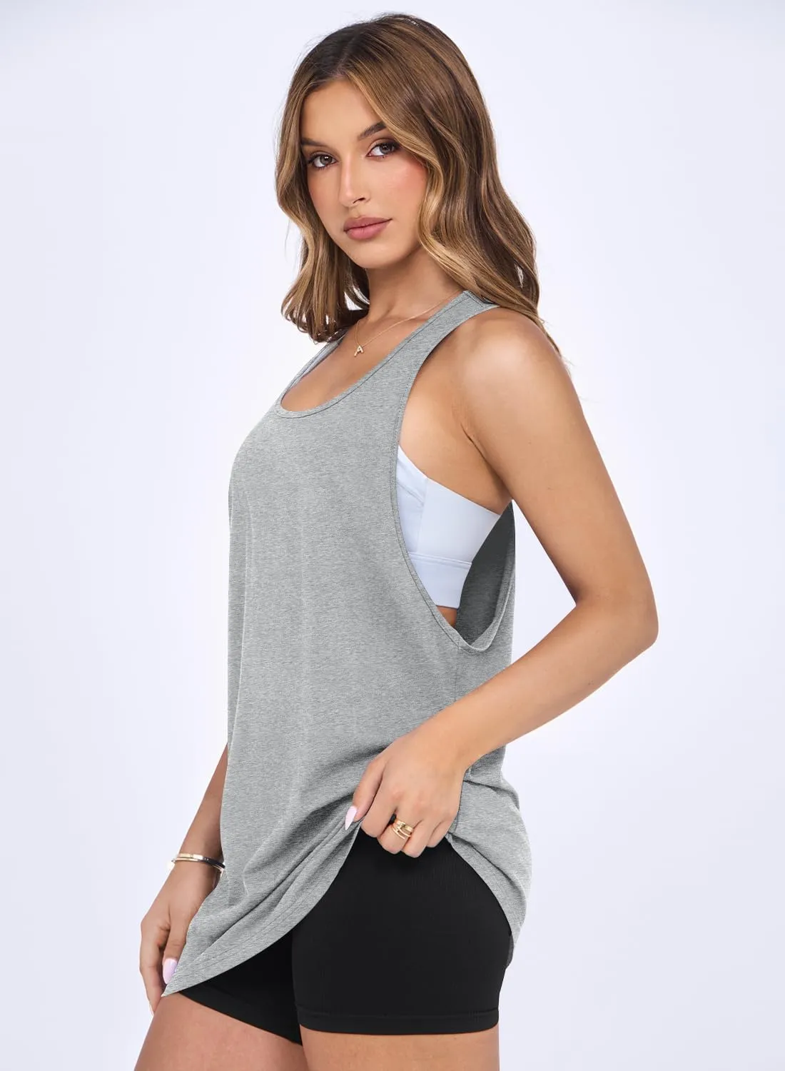 MIHOLL Womens Cotton Workout Tank Tops Racerback Sleeveless Relaxed-Fit Oversized Shirts