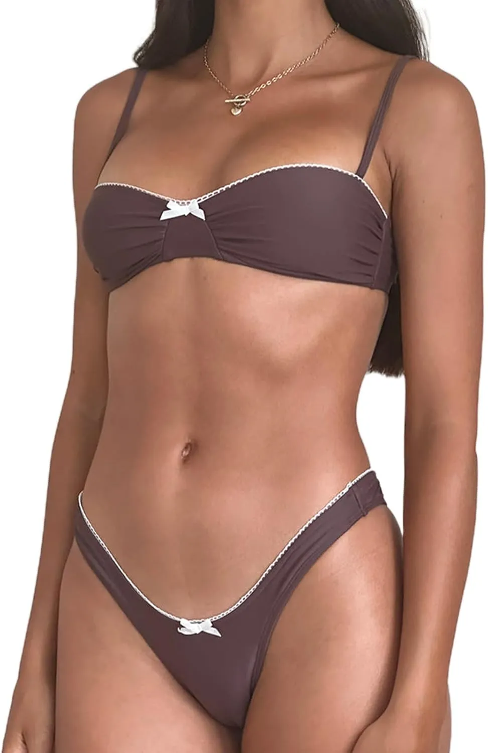 Mxiqqpltky Lace Trim Bikini Set for Women 2 Piece Y2k Bow Triangle Bikini Top and Thong Aesthetic Swimsuit Bathing Suit
