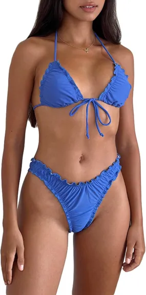 Mxiqqpltky Lace Trim Bikini Set for Women 2 Piece Y2k Bow Triangle Bikini Top and Thong Aesthetic Swimsuit Bathing Suit