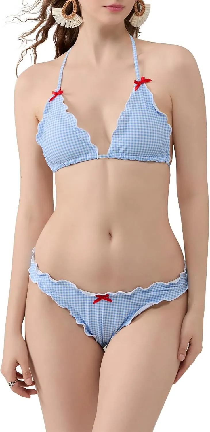 Mxiqqpltky Lace Trim Bikini Set for Women 2 Piece Y2k Bow Triangle Bikini Top and Thong Aesthetic Swimsuit Bathing Suit