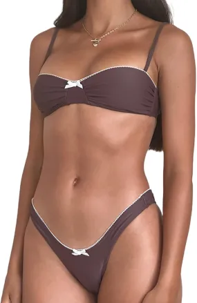 Mxiqqpltky Lace Trim Bikini Set for Women 2 Piece Y2k Bow Triangle Bikini Top and Thong Aesthetic Swimsuit Bathing Suit