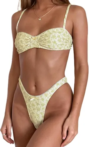 Mxiqqpltky Lace Trim Bikini Set for Women 2 Piece Y2k Bow Triangle Bikini Top and Thong Aesthetic Swimsuit Bathing Suit