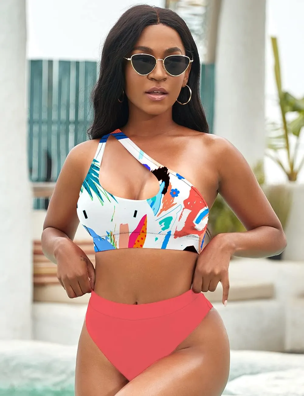 NAFLEAP One Shoulder Cutout Bikini Set for Women High Waisted Bottom Swimsuit Two Piece Bathing Suit