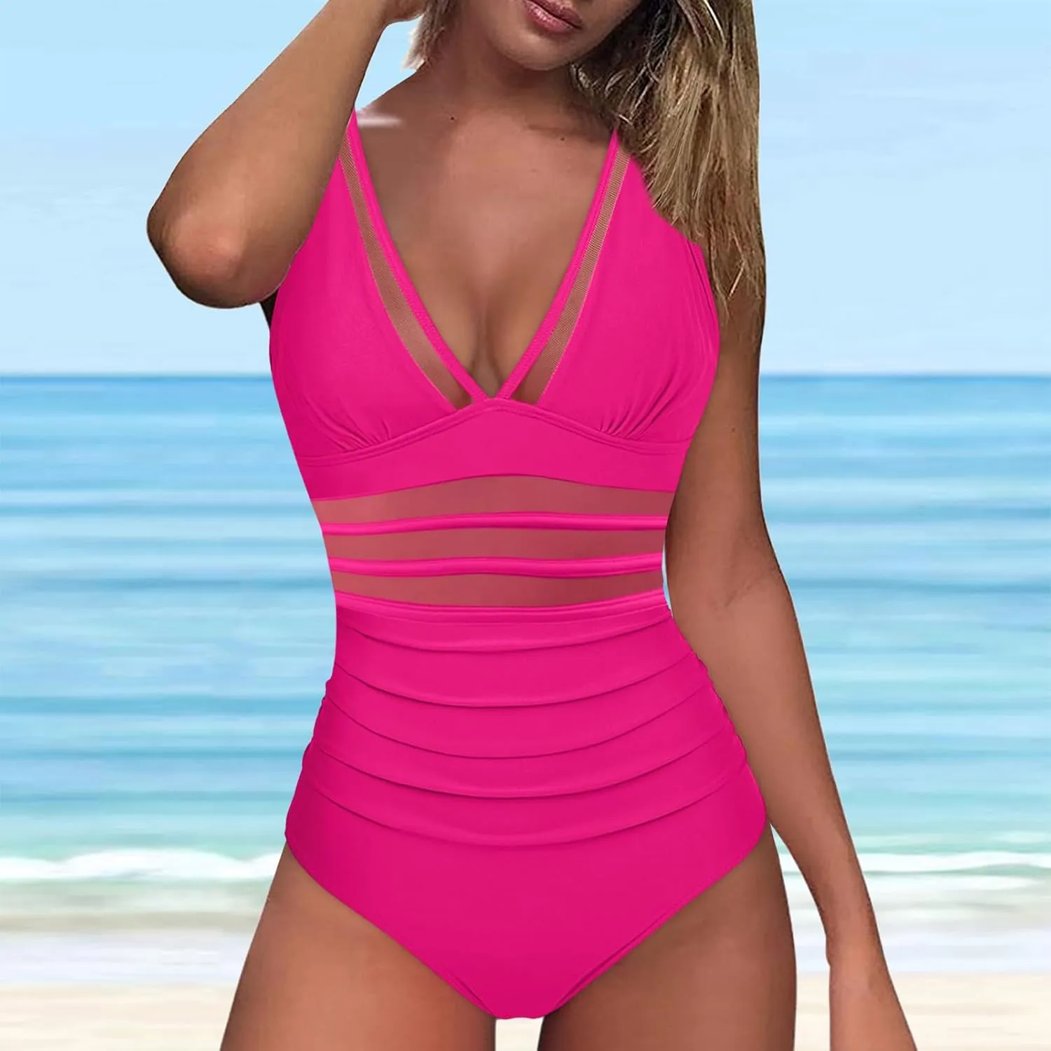One Piece Swimsuit Womens Sexy Mesh One Piece Swimsuits Tummy Control Bathing Suit Push Up V Neck High Waist Swimwear