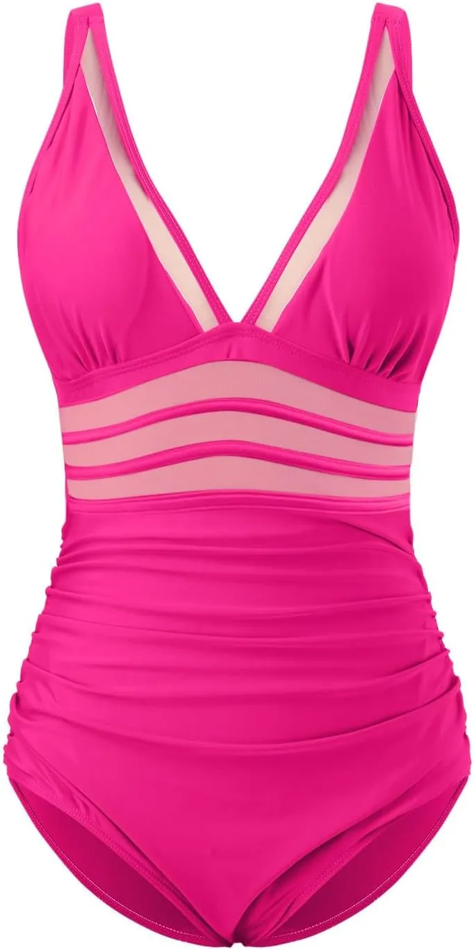 One Piece Swimsuit Womens Sexy Mesh One Piece Swimsuits Tummy Control Bathing Suit Push Up V Neck High Waist Swimwear