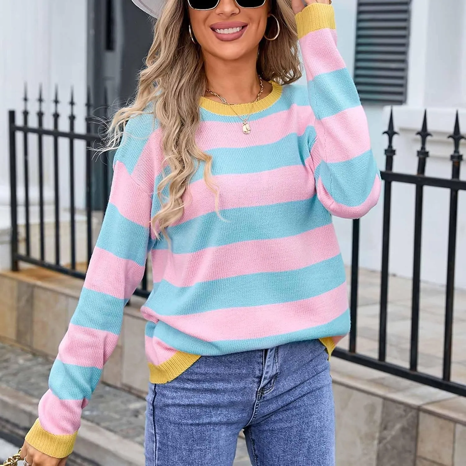 Orange and White Striped Sweater Oversized Sweatshirt Trendy Crewneck Tops Loose Long Sleeve Casual Stylish Pullover