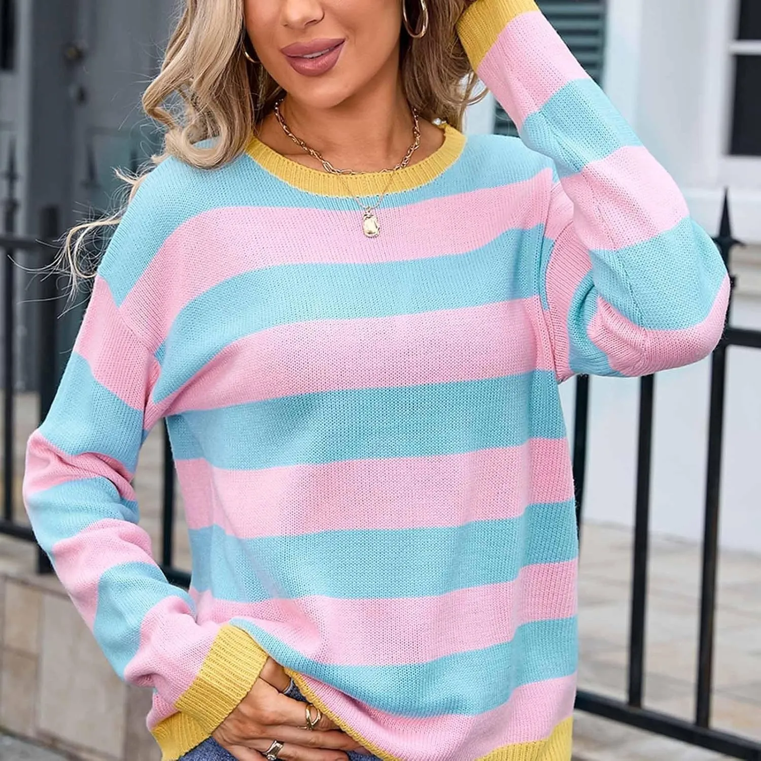 Orange and White Striped Sweater Oversized Sweatshirt Trendy Crewneck Tops Loose Long Sleeve Casual Stylish Pullover