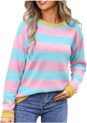 Orange and White Striped Sweater Oversized Sweatshirt Trendy Crewneck Tops Loose Long Sleeve Casual Stylish Pullover