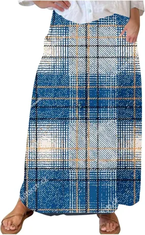 Plus Size Skirts for Women Retro Imitation Denim Print Beach Skirt 2025 Summer Flowy Midi Skirt with Pocket