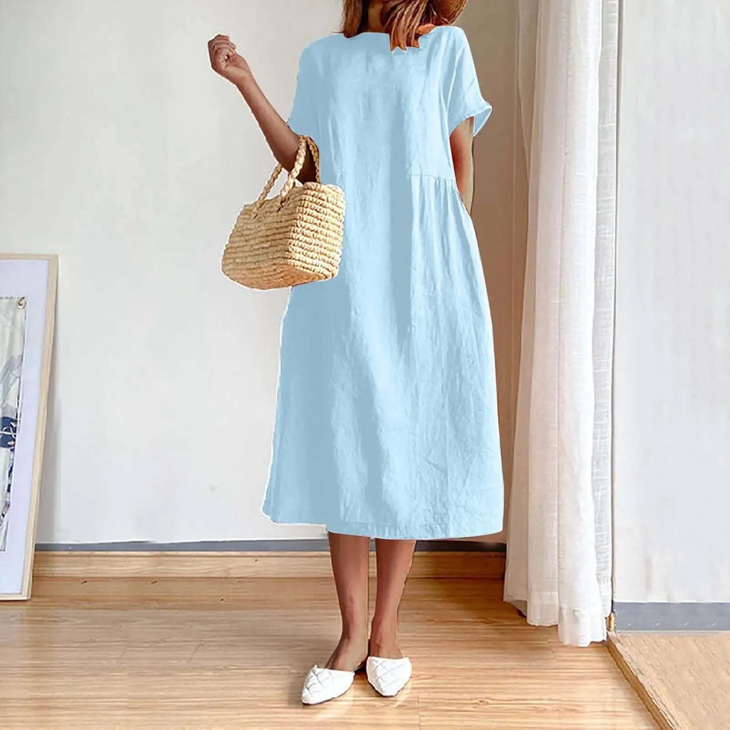Plus Size Spring Dresses Casual Short Sleeve Loose Cotton Dress Comfy Crew Neck Midi Dress Beach Dress with Pockets