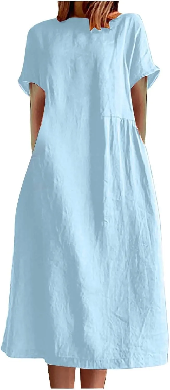 Plus Size Spring Dresses Casual Short Sleeve Loose Cotton Dress Comfy Crew Neck Midi Dress Beach Dress with Pockets