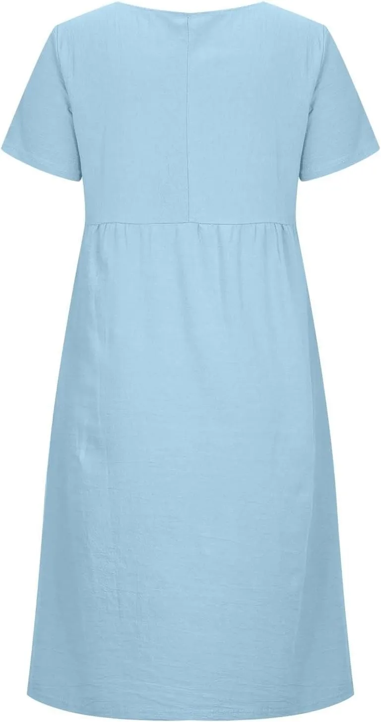 Plus Size Spring Dresses Casual Short Sleeve Loose Cotton Dress Comfy Crew Neck Midi Dress Beach Dress with Pockets