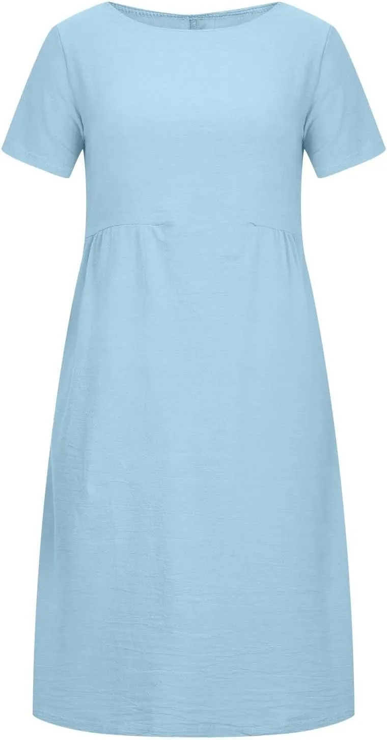 Plus Size Spring Dresses Casual Short Sleeve Loose Cotton Dress Comfy Crew Neck Midi Dress Beach Dress with Pockets