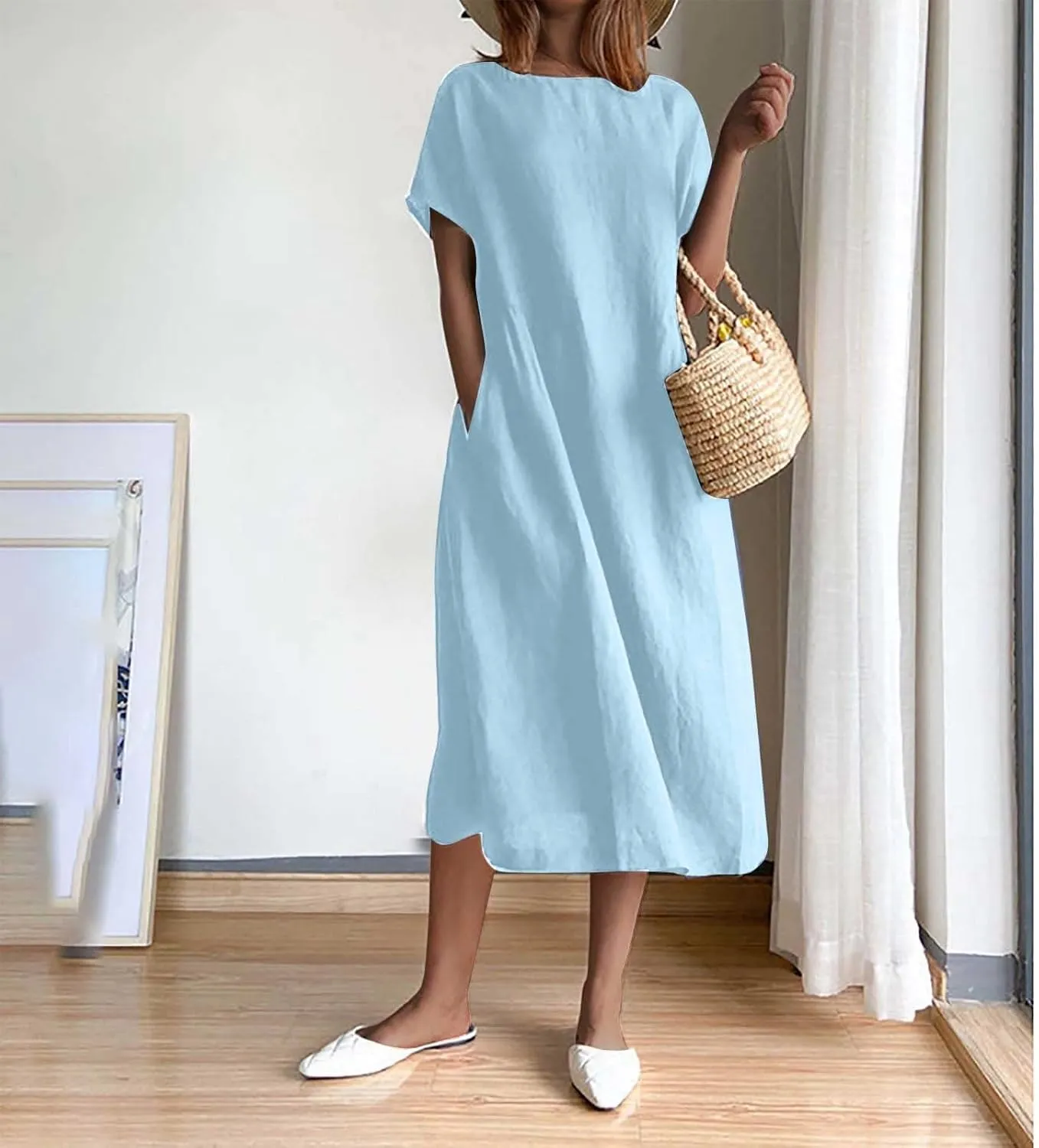 Plus Size Spring Dresses Casual Short Sleeve Loose Cotton Dress Comfy Crew Neck Midi Dress Beach Dress with Pockets