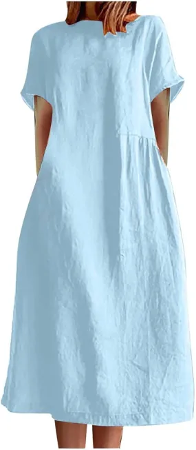 Plus Size Spring Dresses Casual Short Sleeve Loose Cotton Dress Comfy Crew Neck Midi Dress Beach Dress with Pockets