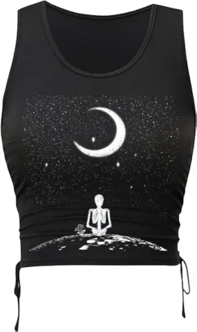 Remidoo Women's Casual Drawstring Graphic Cropped Tank Top Ruched Sleeveless Top Shirt