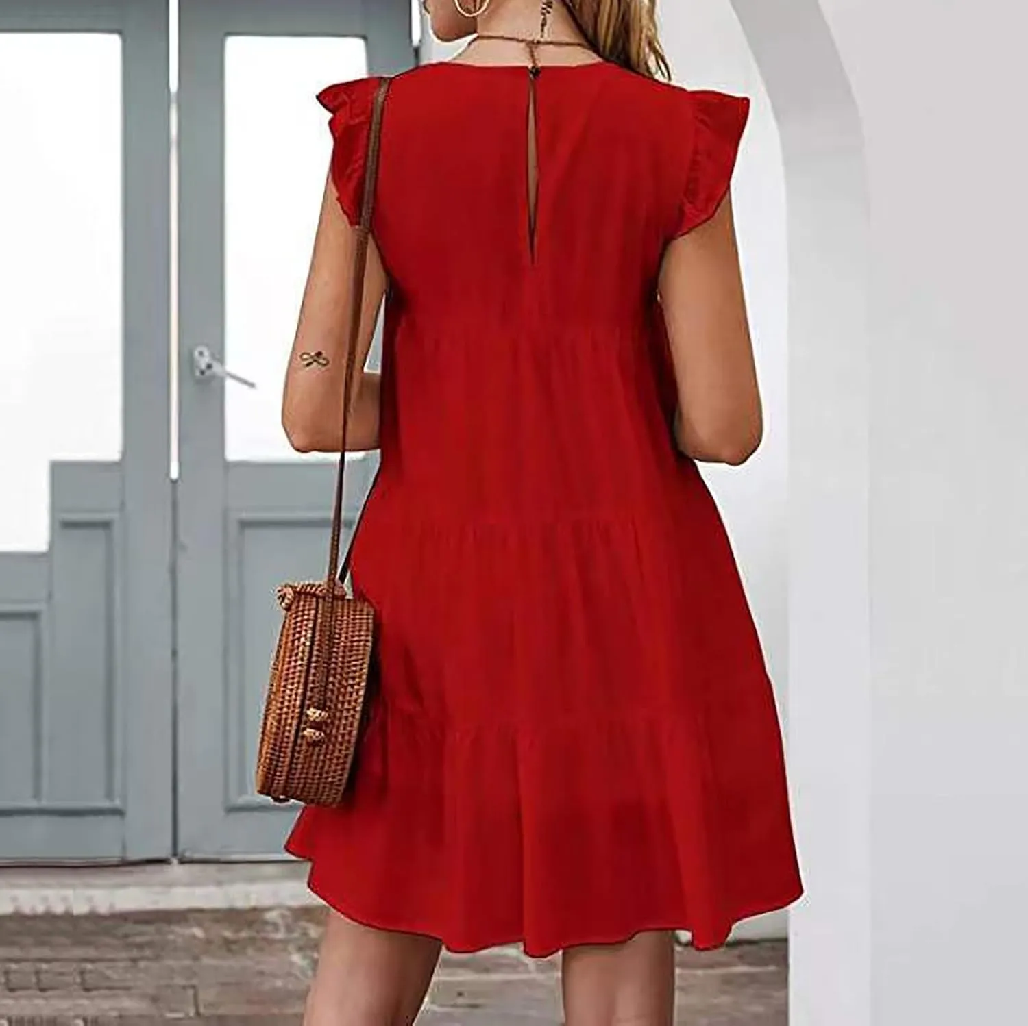 Ruziyoog Womens Summer Dress 2024 Cute Ruffle Sleeve Mini Tiered Babydoll Sun Dress Casual Loose Flowy Beach Mini Dress