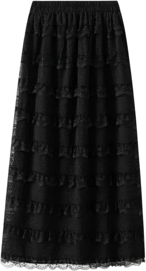Rvidbe Lace Maxi Skirts for Women Summer Casual Elastic Waist A-Line Pleated Layered Long Skirt Flowy Tiered Tulle Skirts