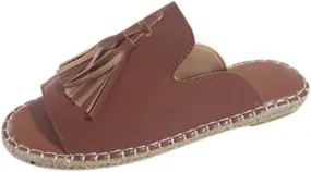 Sandals Women Dressy Summer Flat Slide Casual Espadrille Braided Tassel Hem Open toe Falt Straw Peep toe