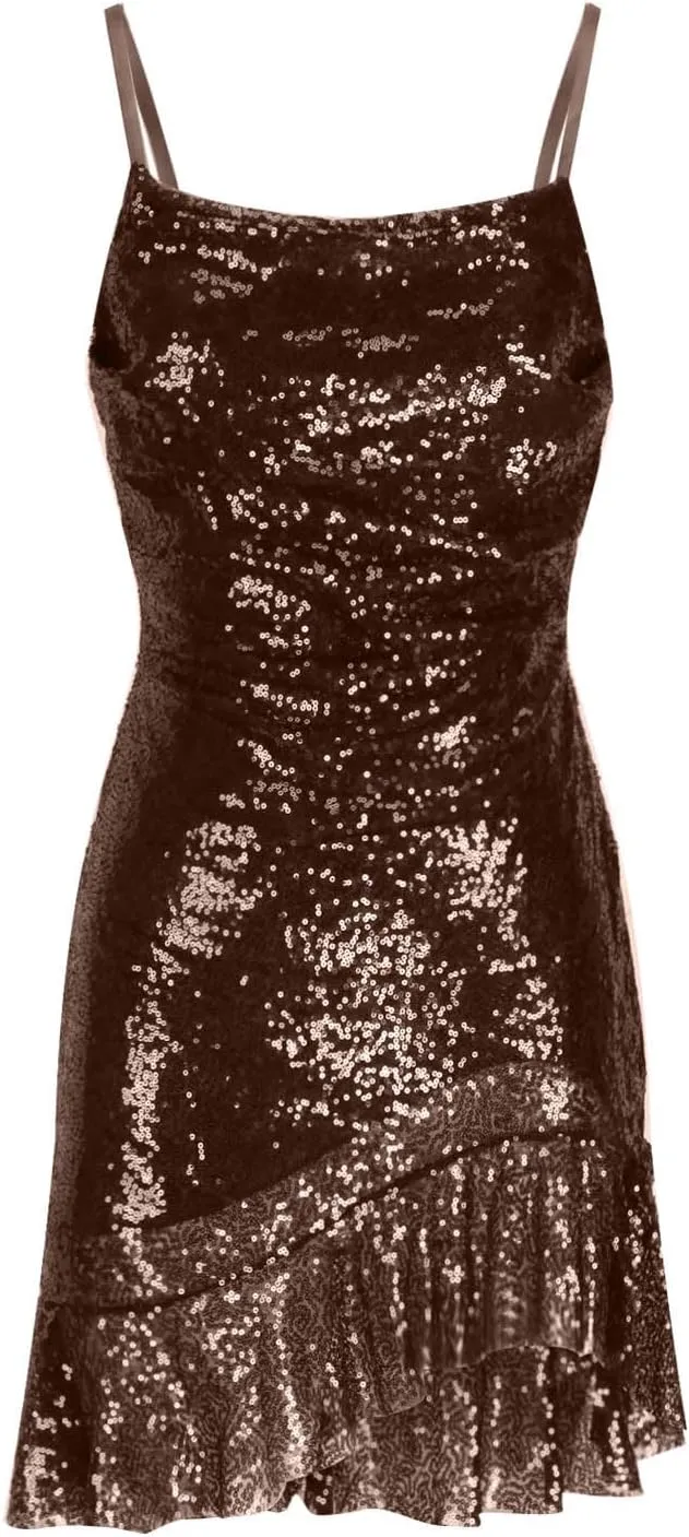 Sequin Dress for Women Sexy Glitter Spaghetti Strap Lace Up Backless Mini Dresses Ruffle Hem Cami Club Party Dress