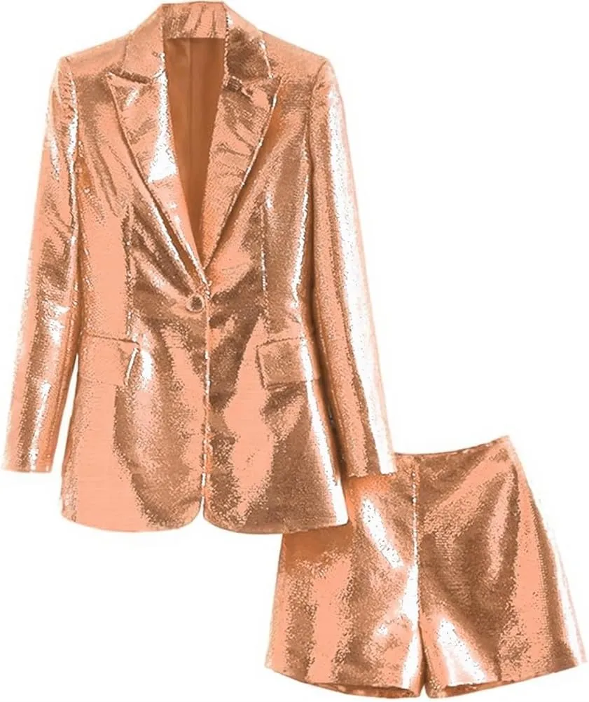 Sequins Womens Suits 2 Piece Blazer Shorts Set Tuxedos Business Christmas Wedding
