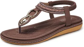 SHIBEVER Womens Sandals Dressy Summer: Women Comfortable Walking Flat Bohemian T-Strap Ladies Casual Comfy Sandals