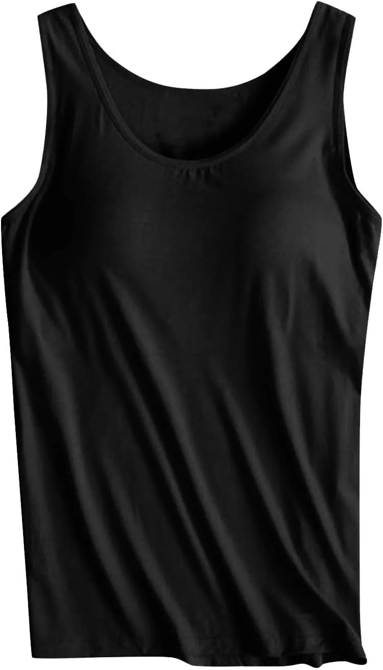 Sleeveless Womens Tank Tops with Built in Bra, Summer Cute Top Basic Padded Wide Strap Yoga Camisole Workout Shirts