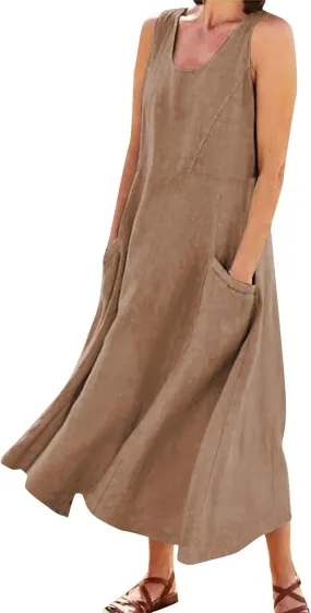 Summer Dresses for Women 2025 Cotton Linen Sleeveless Beach Casual Long Loose Solid Maxi Sundresses with Pocket