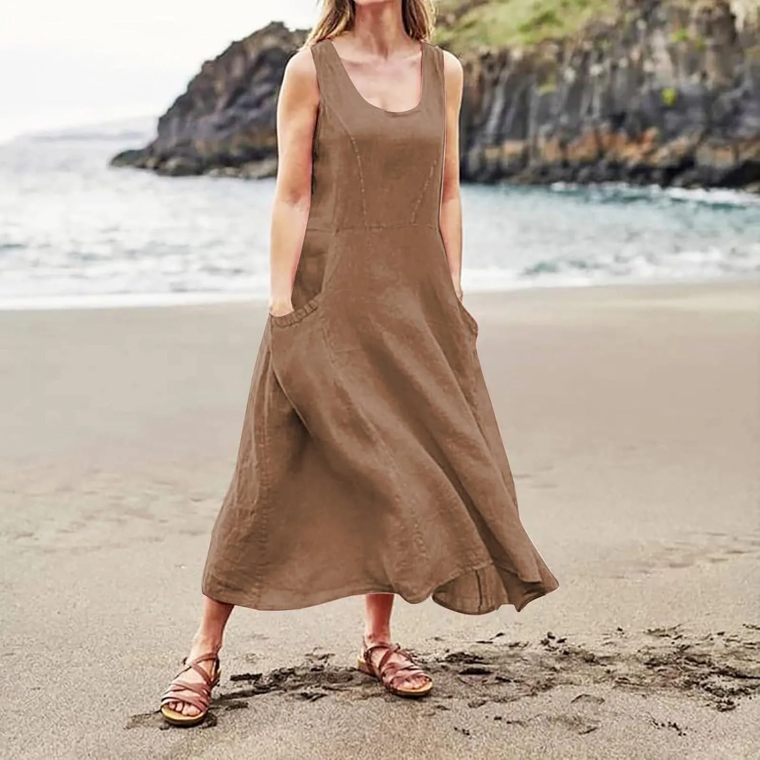 Summer Dresses for Women 2025 Cotton Linen Sleeveless Beach Casual Long Loose Solid Maxi Sundresses with Pocket