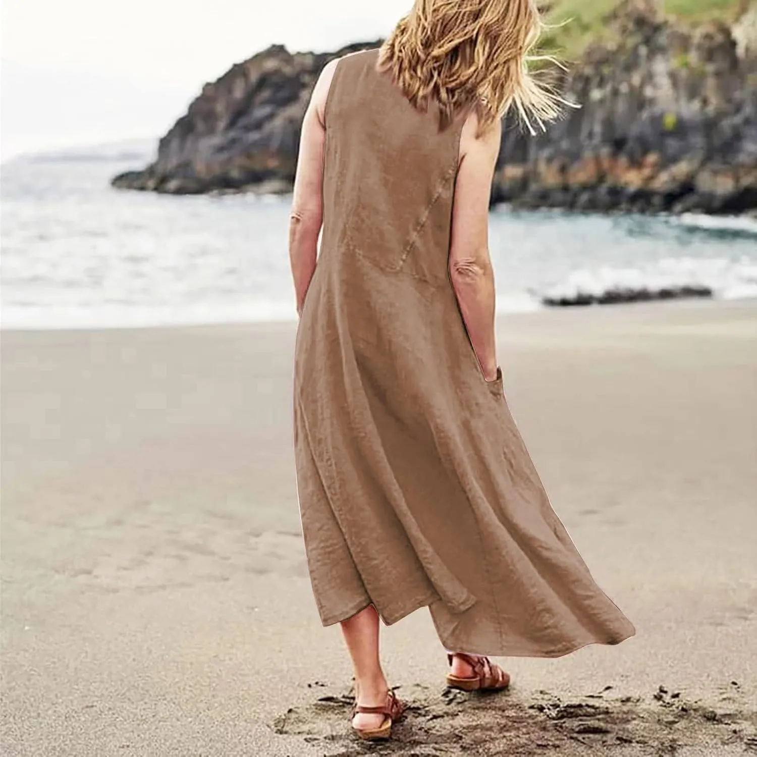 Summer Dresses for Women 2025 Cotton Linen Sleeveless Beach Casual Long Loose Solid Maxi Sundresses with Pocket
