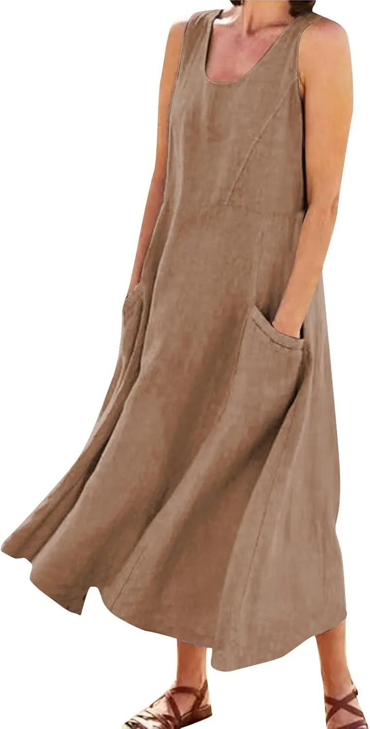 Summer Dresses for Women 2025 Cotton Linen Sleeveless Beach Casual Long Loose Solid Maxi Sundresses with Pocket