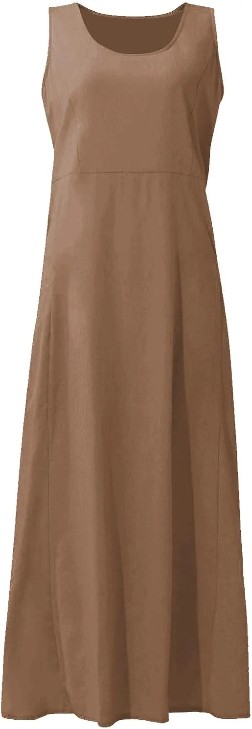Summer Dresses for Women 2025 Cotton Linen Sleeveless Beach Casual Long Loose Solid Maxi Sundresses with Pocket