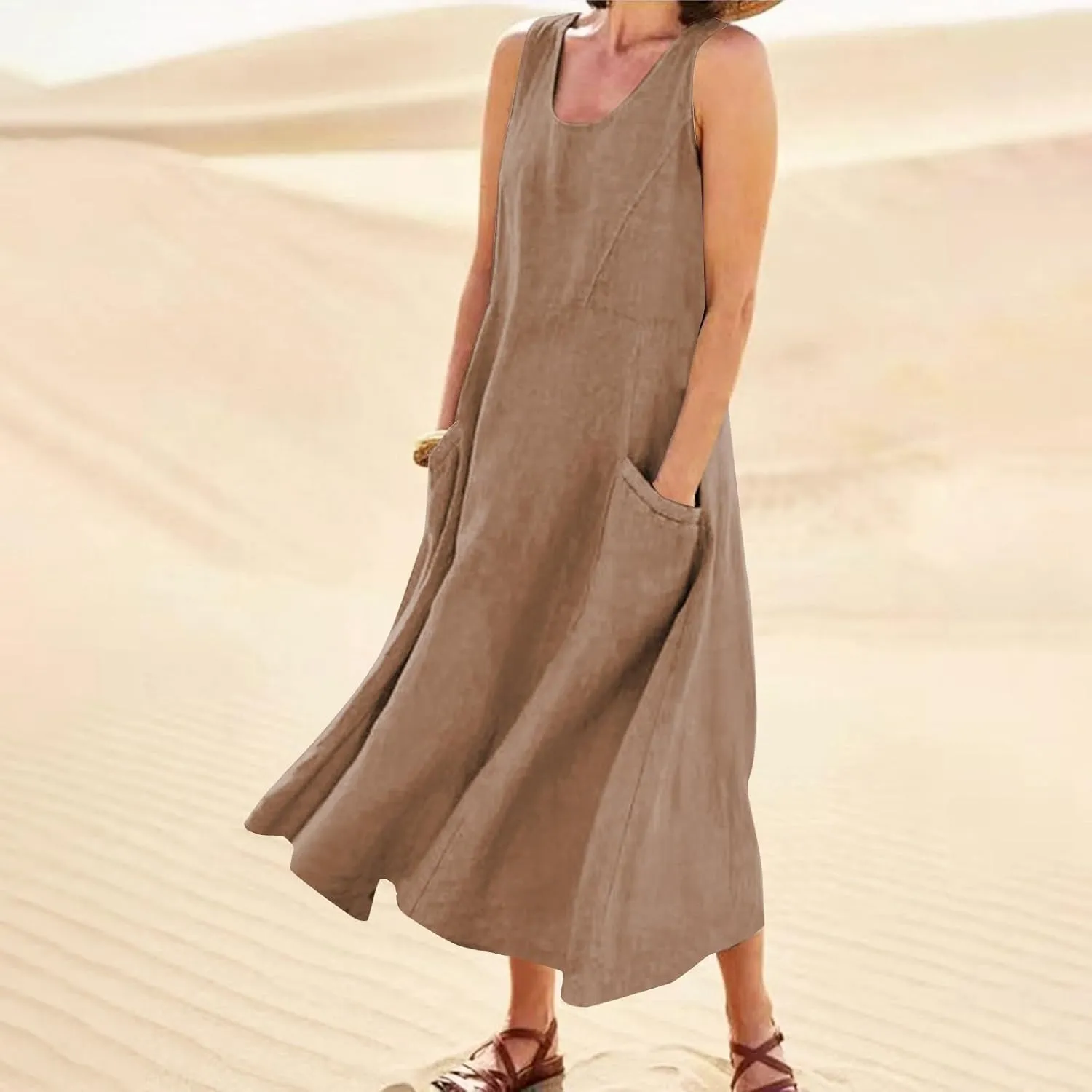 Summer Dresses for Women 2025 Cotton Linen Sleeveless Beach Casual Long Loose Solid Maxi Sundresses with Pocket