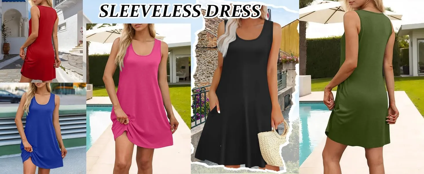 Summer Dresses for Women Casual U Neck Sundresses Sleeveless T Shirt Dress Loose Tank Dress Mini Dress with Pockets