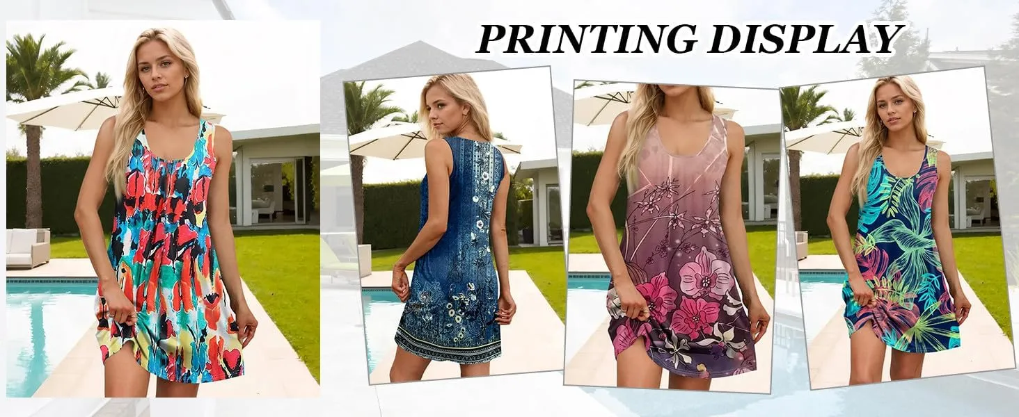 Summer Dresses for Women Casual U Neck Sundresses Sleeveless T Shirt Dress Loose Tank Dress Mini Dress with Pockets