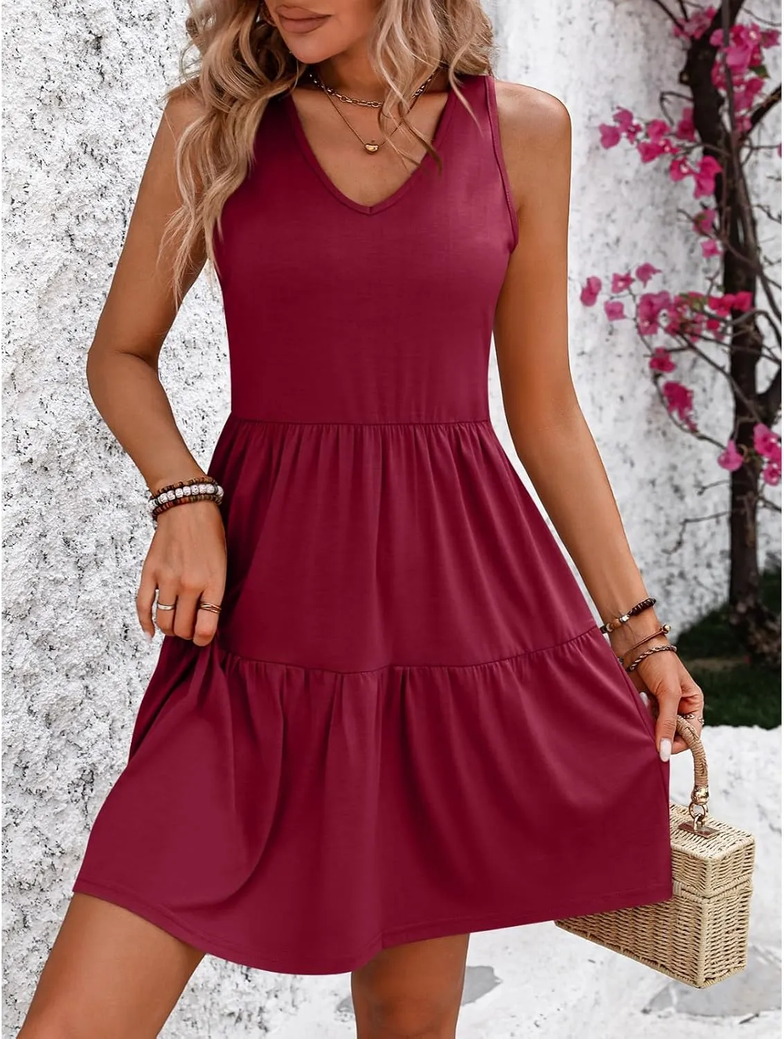 Sundresses for Women 2025 Casual Summer Flowy Tiered a Line Mini Dress Cute Boho Beach Vneck Sleeveless Tank Dress