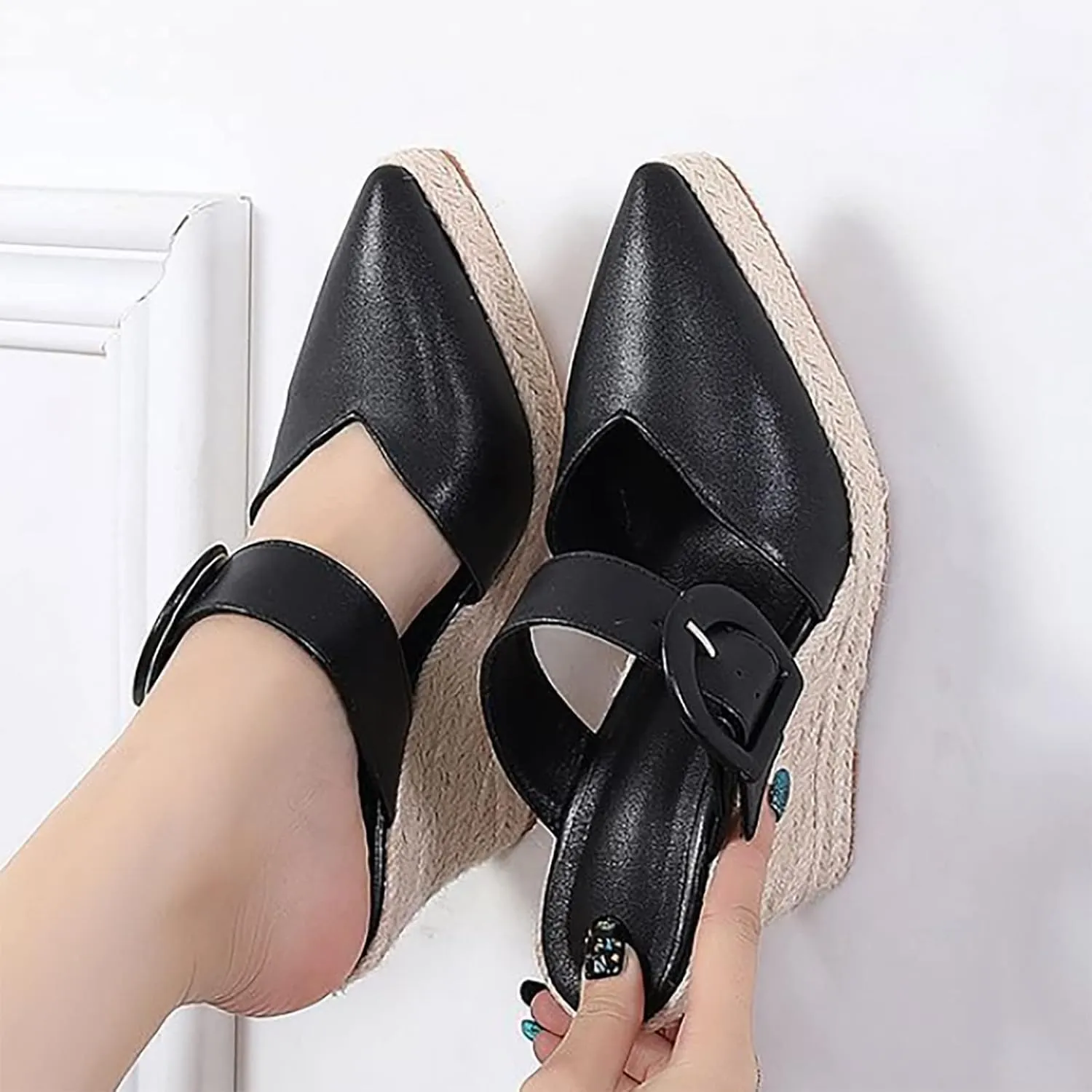 Thick Sole Wedge Slippers Women Summer Heel Straw Woven Casual Pointed Fisherman Shoes Leather Size 10 Sandals for Women (Black, 6.50)