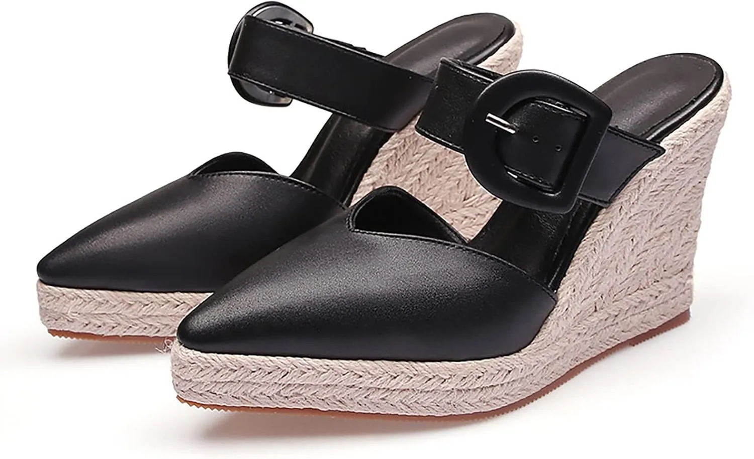 Thick Sole Wedge Slippers Women Summer Heel Straw Woven Casual Pointed Fisherman Shoes Leather Size 10 Sandals for Women (Black, 6.50)