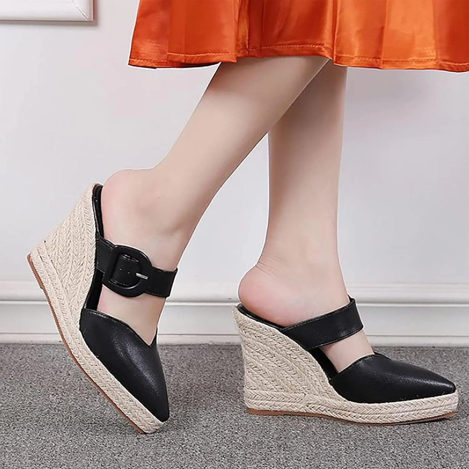 Thick Sole Wedge Slippers Women Summer Heel Straw Woven Casual Pointed Fisherman Shoes Leather Size 10 Sandals for Women (Black, 6.50)