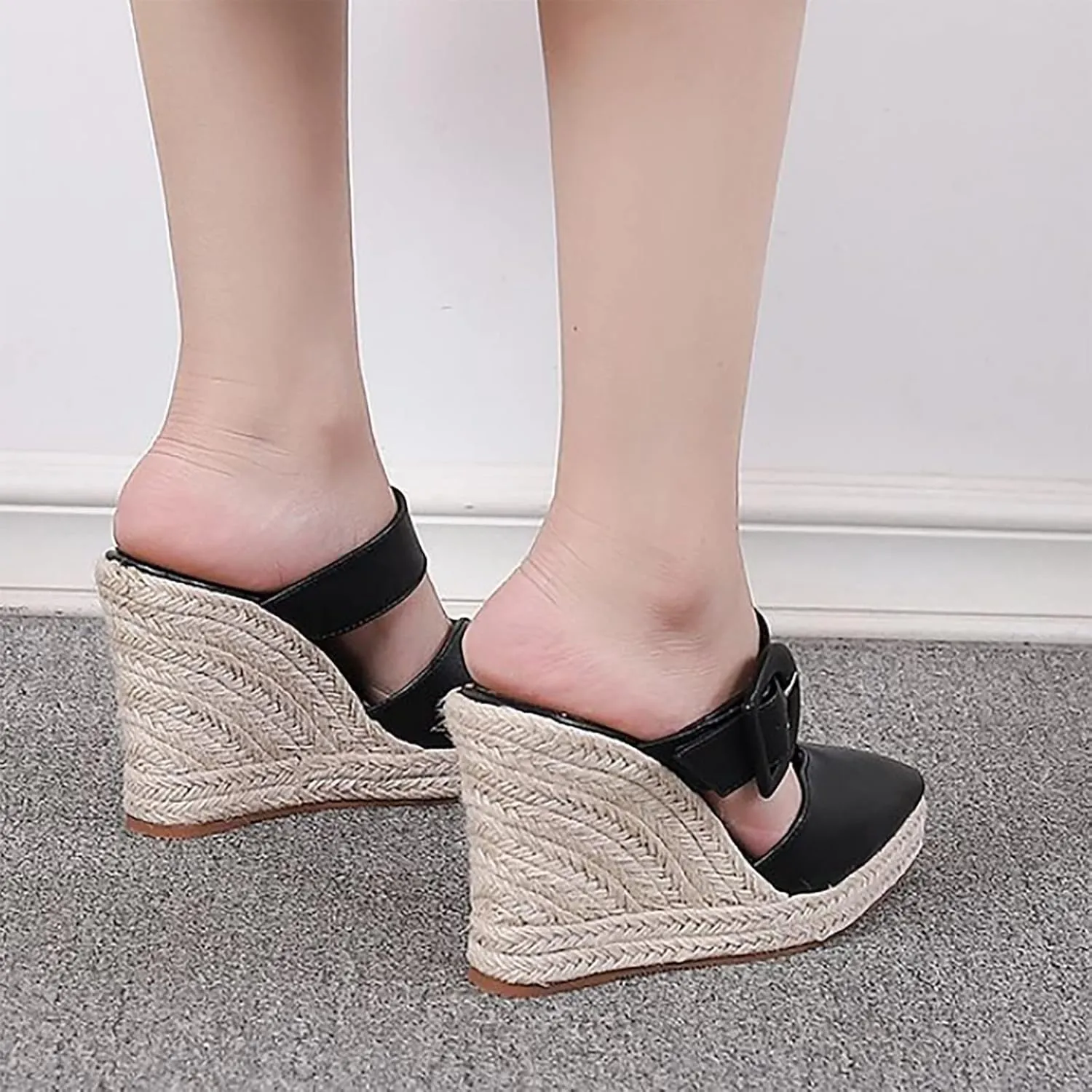 Thick Sole Wedge Slippers Women Summer Heel Straw Woven Casual Pointed Fisherman Shoes Leather Size 10 Sandals for Women (Black, 6.50)