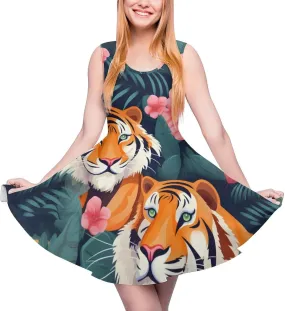 Tiger Floral Flower Women's Dress Round Neck Dress Sleeveless Tank Dress Ruffle Hem Mini Dresses M