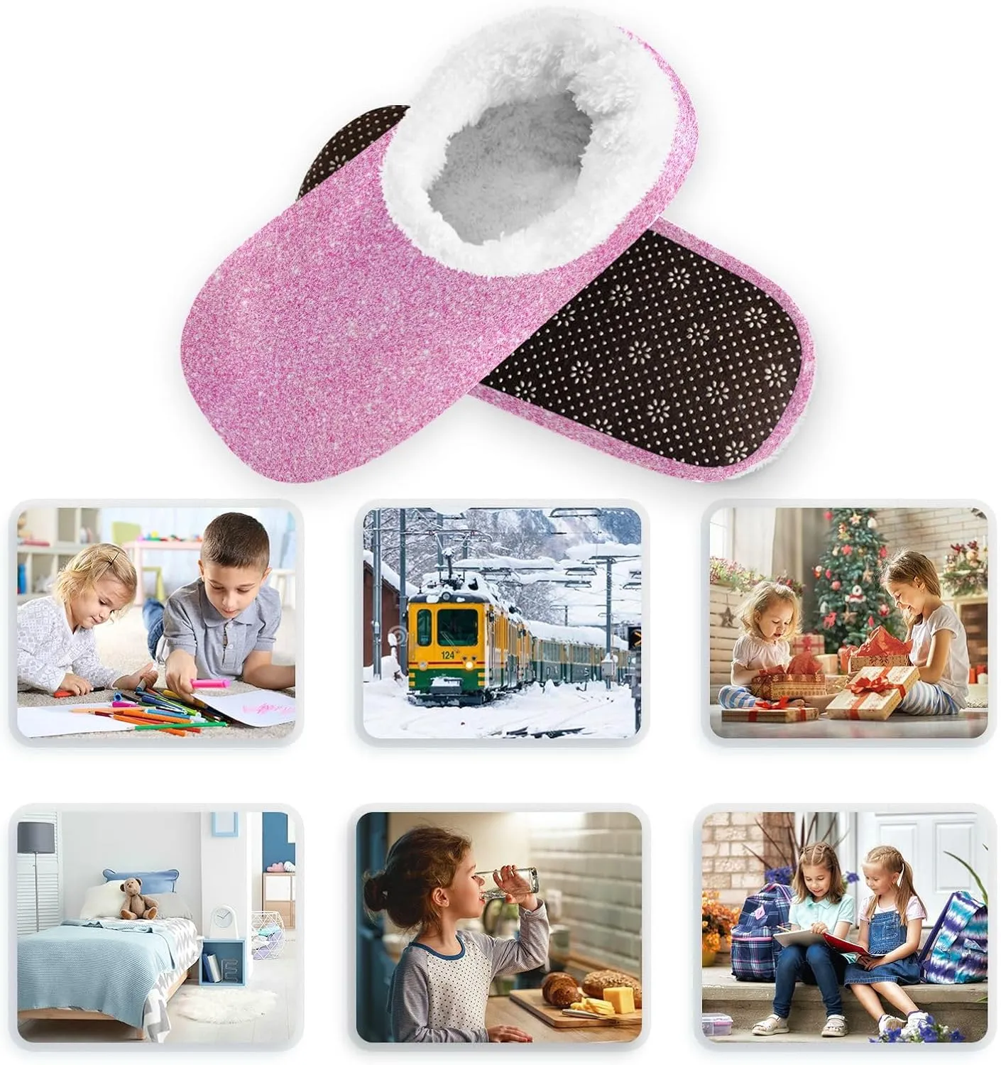 Toddler Boys Girls House Slippers Socks Spa Pink Glitter Christmas Pattern Kids Travel Home Shoes Non Slip Warm Soft Winter Fuzzy Shoes Indoor for Guest Living Room Bedroom XS