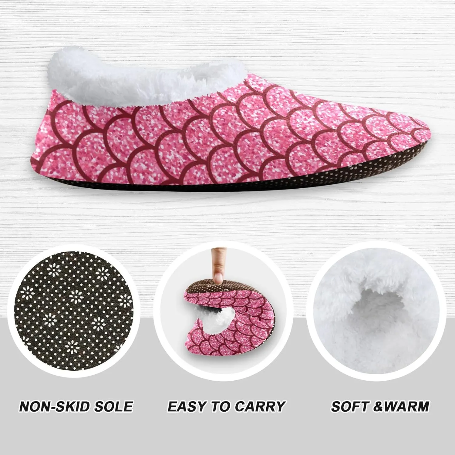 Toddler Boys Girls House Slippers Socks Spa Pink Glitter Mermaid Scales Kids Travel Home Shoes Non Slip Warm Soft Winter Fuzzy Shoes Indoor for Guest Living Room Bedroom XS