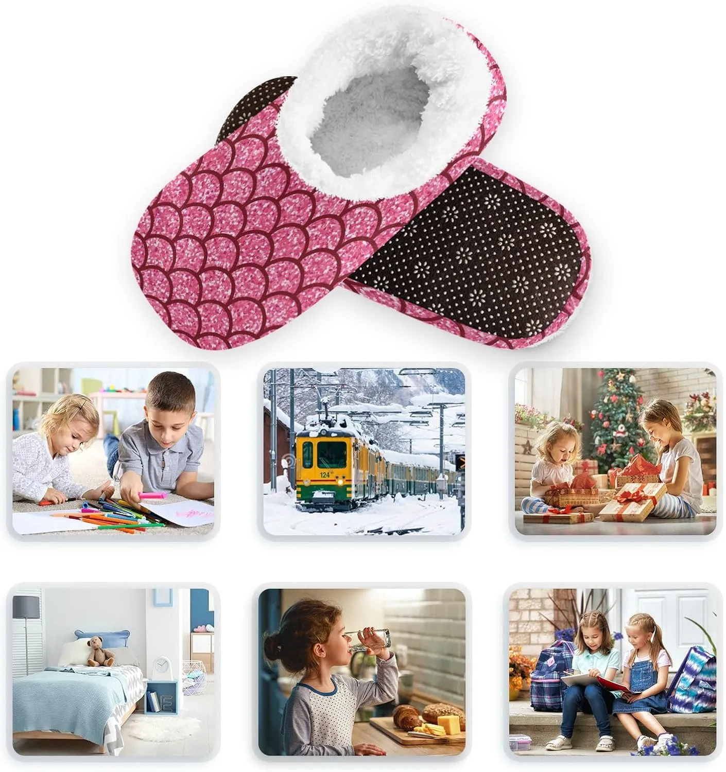 Toddler Boys Girls House Slippers Socks Spa Pink Glitter Mermaid Scales Kids Travel Home Shoes Non Slip Warm Soft Winter Fuzzy Shoes Indoor for Guest Living Room Bedroom XS