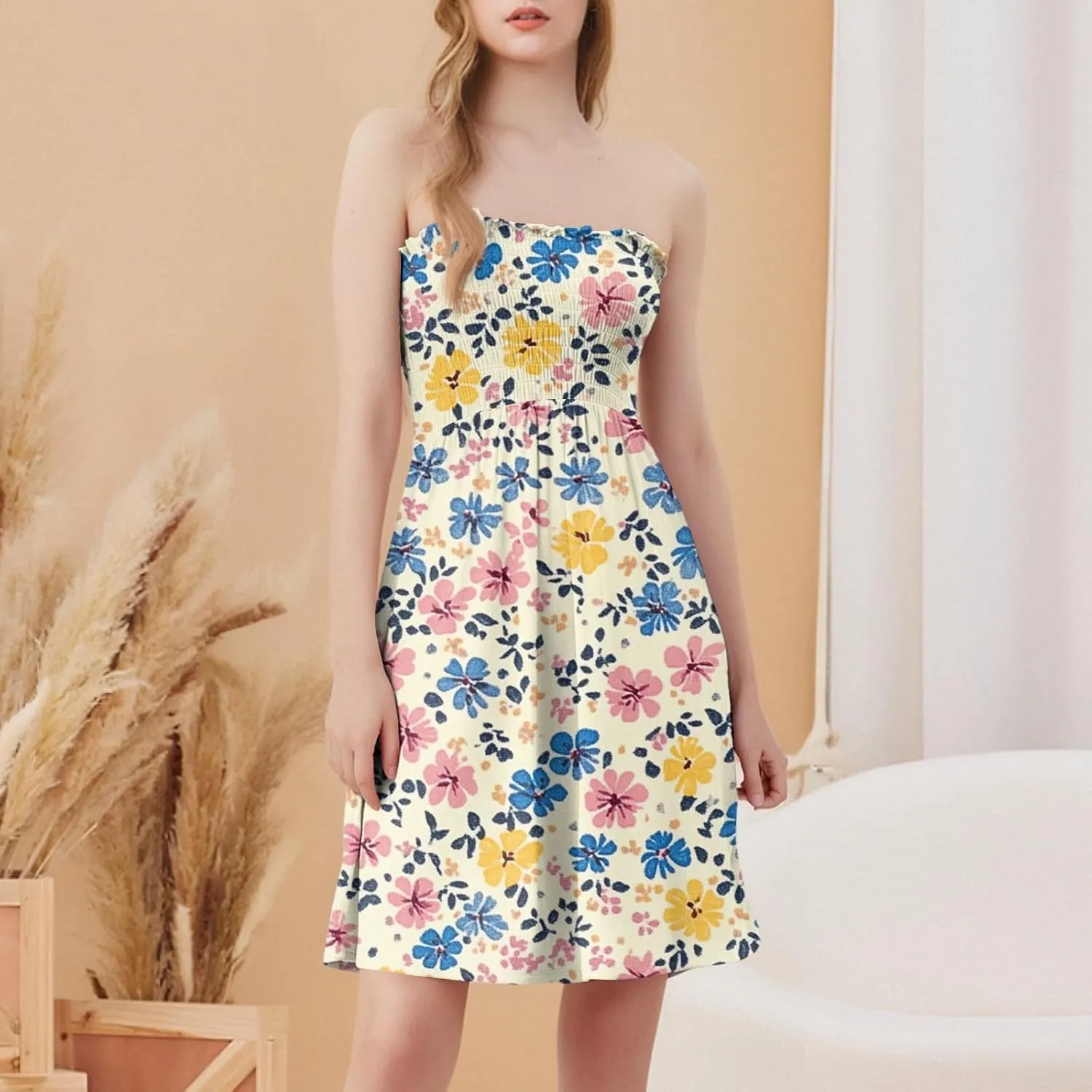 Tube Top Dress-Summer Strapless Dress Beach Vacation Floral Sundresses