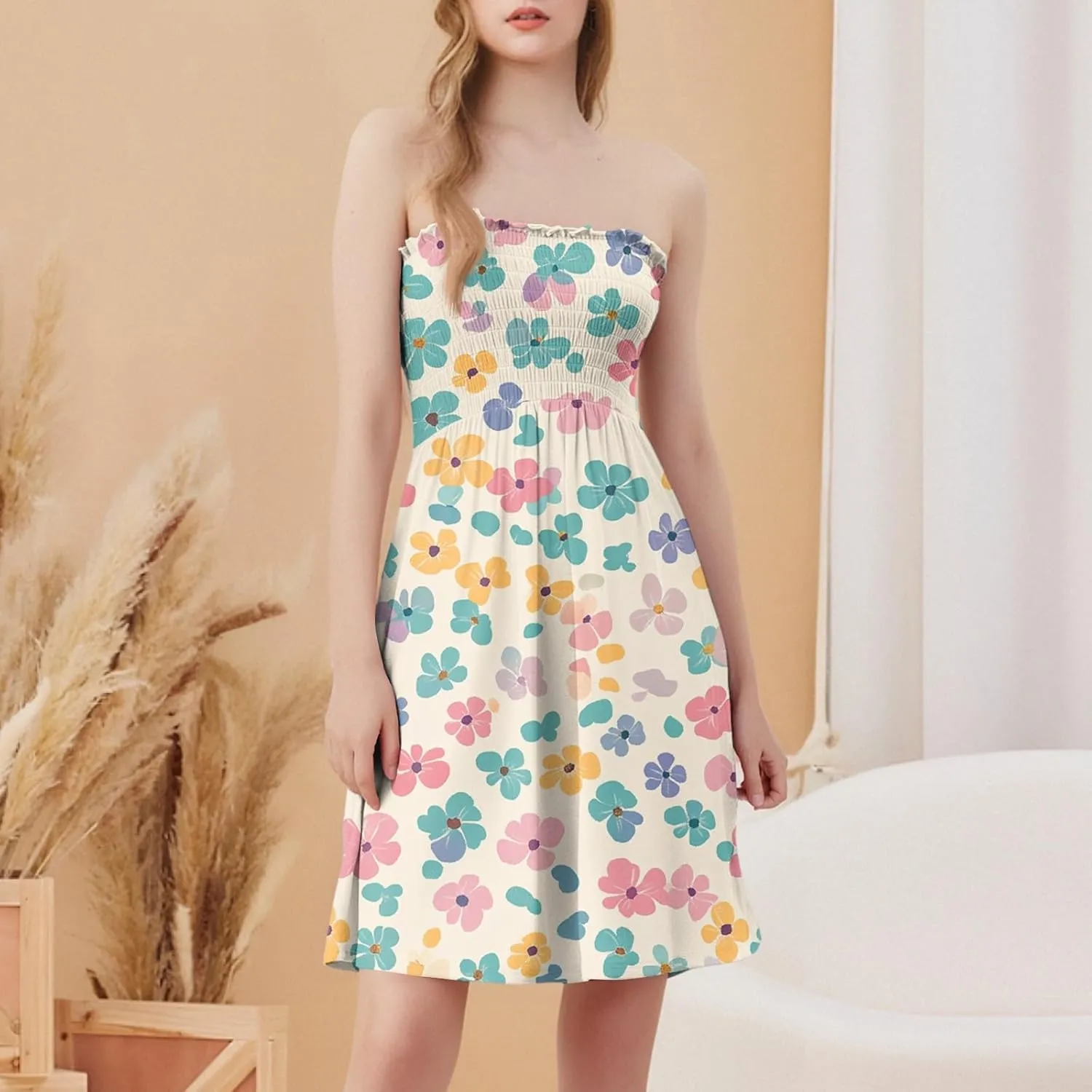 Tube Top Dress-Summer Strapless Dress Beach Vacation Floral Sundresses