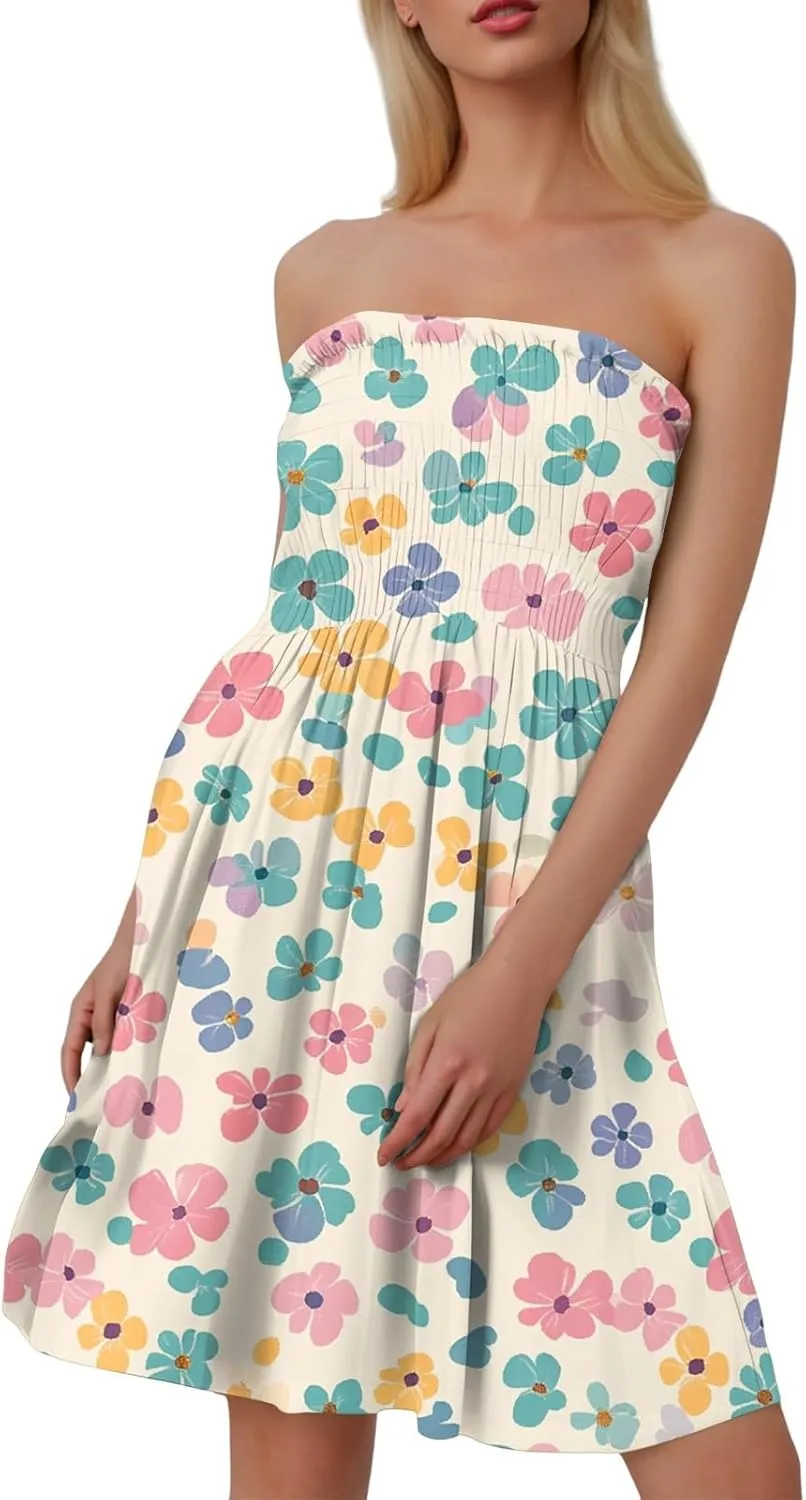 Tube Top Dress-Summer Strapless Dress Beach Vacation Floral Sundresses