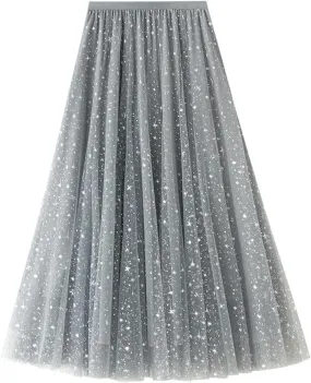 tuduoms Women's Long Tulle Tutu Skirt High Waist Pleated Layered Midi Skirt Sequin Flowy Maxi Skirt Dress for Wedding Party