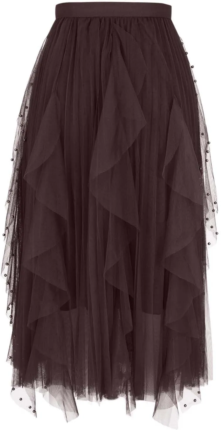 Tulle Skirts for Women Fashion A-Line Fairy Elastic Waist Midi Skirts Mesh Solid Color Flowy Half Dress Plus Size