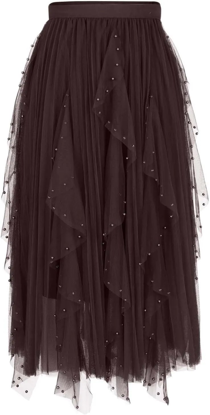 Tulle Skirts for Women Fashion A-Line Fairy Elastic Waist Midi Skirts Mesh Solid Color Flowy Half Dress Plus Size